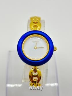As-Is GUCCI 11/12 Change Bezel Ladies Watch White Blue Dial For Parts Repair