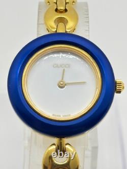 As-Is GUCCI 11/12 Change Bezel Ladies Watch White Blue Dial For Parts Repair