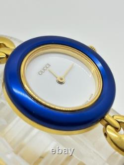 As-Is GUCCI 11/12 Change Bezel Ladies Watch White Blue Dial For Parts Repair