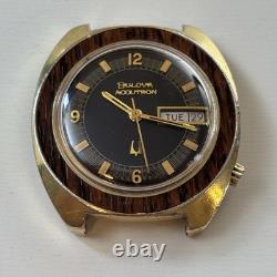 Broken Vintage Bulova Accutron'Woody' 1975 10K RGP Watch Wood Grain For Parts