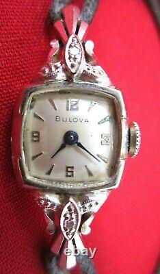 Bulova Ladys 14K White Gold Watch Not Working Sm Diamonds Vintage Parts / Repair