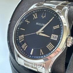 Bulova Wilton Men's Quartz Silver-Tone Blue Dial Watch 41MM 96B386 NOT WORKING