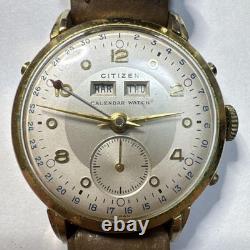 Citizen Vintage Watch 1950s Hand Wind Date Silver Dial Not Working Japan Rare