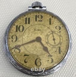 Elgin 16s, Model 3, 11 Jewels Pocket Watch Train Engraved Case NOT WORKING