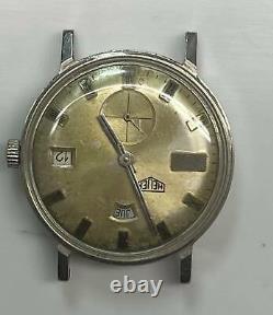 Heuer Vintage Gold Dial Stainless Steel Day/date Watch Head For Parts Or Repairs