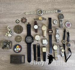 Lot Of 27 items Watches, Work And Some For Parts also coins and belt buckles