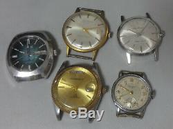 Lot of 5 Japan mechanical watches for parts Seiko Ricoh, Orient in 1940-70's