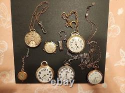 Pocket Watch Lot Vintage Stop Watches Hamilton, Ball, Waltham, Etc AS-IS, Parts