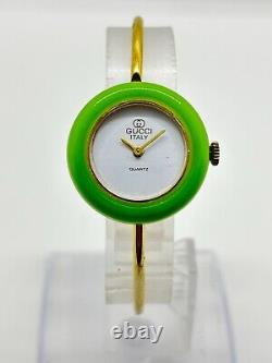 Read GUCCI 11/12.2 Change Bezel Watch Gold Green Dial Not tested For Parts