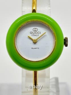 Read GUCCI 11/12.2 Change Bezel Watch Gold Green Dial Not tested For Parts