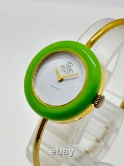 Read GUCCI 11/12.2 Change Bezel Watch Gold Green Dial Not tested For Parts
