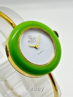 Read GUCCI 11/12.2 Change Bezel Watch Gold Green Dial Not tested For Parts