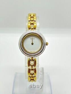 Read GUCCI 11/12 Change Bezel Watch White Gold Silver Not tested For Parts