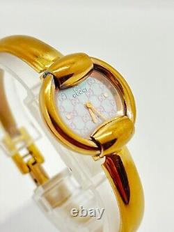 Read Gucci 1400L Watch Ladies Round Quartz Gold Pink Not tested For Parts