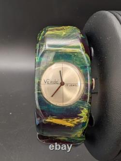 VTG Marbled Green Bakelite Clamper Watch Verdé 17 Jewels Bangle Not Working