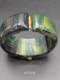 VTG Marbled Green Bakelite Clamper Watch Verdé 17 Jewels Bangle Not Working