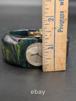 VTG Marbled Green Bakelite Clamper Watch Verdé 17 Jewels Bangle Not Working