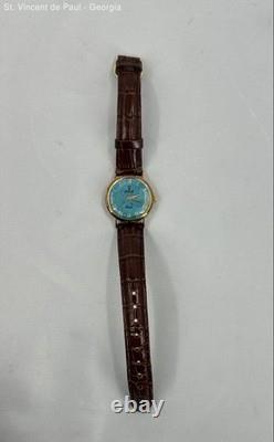 VTG Vicence Milor Italy 14KT Gold Case Turquoise Dial Leather Strap Watch Read