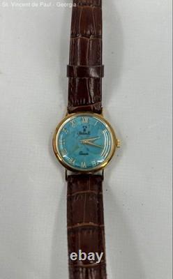 VTG Vicence Milor Italy 14KT Gold Case Turquoise Dial Leather Strap Watch Read