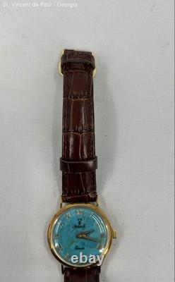 VTG Vicence Milor Italy 14KT Gold Case Turquoise Dial Leather Strap Watch Read
