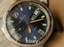 Vintage Helbros Day-Date Diver Watch withBlue Dial, AS 1914, Runs FOR PARTS/REPAIR