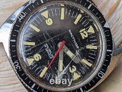 Vintage Waltham All SS Diver Watch withPatina, Signed Crown, Runs FOR PARTS/REPAIR