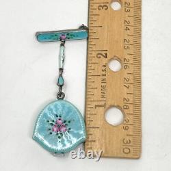 Vtg Bucherer Pendant Pin Watch Blue Guilloche FOR PARTS REPAIR Manual Wind Up